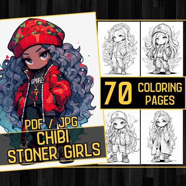 Chibi Anime Stoner Girls Adult Coloring Book 70 Cute Coloring Pages,Grayscale Fantasy Anime Manga Coloring,Instant Download,Printable PDF