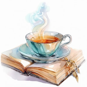 Pacchetto di clipart di tazze da tè e romanzi aperti, illustrazioni di momenti di lettura, clipart di acquerelli stampabili, JPG di alta qualità, creazioni di carta, diari spazzatura