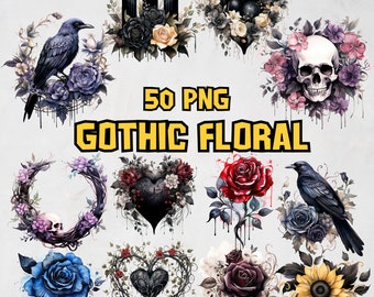 Watercolor Gothic Floral Clipart Bundle, Fantasy Floral Clipart Set, Magical Gothic Flower Images, Dark Rose Illustrations, Commercial Use