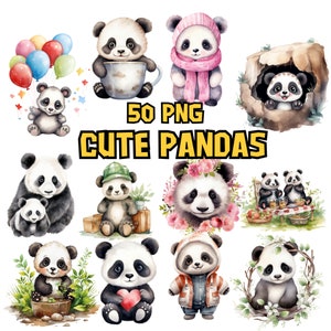 Aquarell süße Pandas Clipart Bundle | Entzückend, niedlicher Panda, Baby Panda Clipart und Illustration, PNG-Bilder | Für kommerzielle Nutzung herunterladen