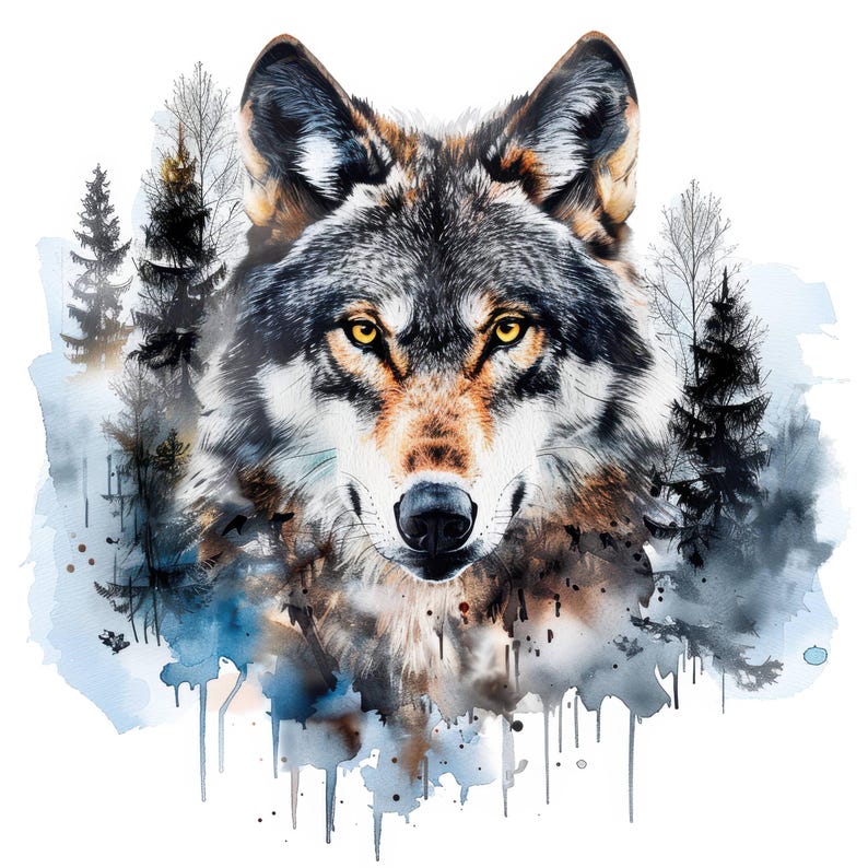 14 Wolf Portrait and Forest Clipart Bundle, Watercolor Wolf Image, Wolf Head Clipart, Scrapbook, Wolf Pack, Wolf In Forest, Forest And Wolf