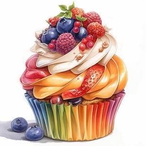 Paquete de 17 imágenes prediseñadas de cupcakes de frutas, imágenes prediseñadas de cupcakes de acuarela imprimibles, archivos JPG de alta calidad, manualidades de papel, descarga digital, revistas basura