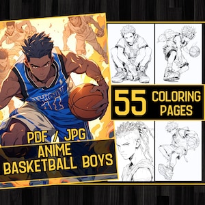 Anime Basketball Boys Adult Coloring Book 55 Coloring Pages, Grayscale Fantasy Anime Manga Sports Coloring, Instant Download, Printable PDF