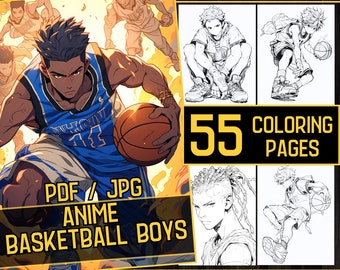 Anime Basketball Boys Adult Coloring Book 55 Coloring Pages, Grayscale Fantasy Anime Manga Sports Coloring, Instant Download, Printable PDF