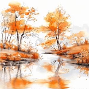 13 Autumn Landscapes Clipart Bundle, Serene Lake Illustrations, Printable Watercolor Clipart, High Quality JPG, Paper craft, Junk Journals