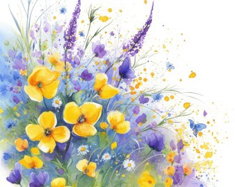 17 lente wilde bloemen clipartbundel, bloemen kaartafbeeldingen, afdrukbare aquarel clipart, hoge kwaliteit JPG, digitale download, commercieel gebruik