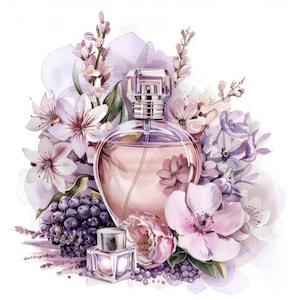 May include: A watercolour illustration of a pink perfume bottle with a silver cap surrounded by purple and pink flowers. The bottle is sitting on a bed of purple berries and green leaves.