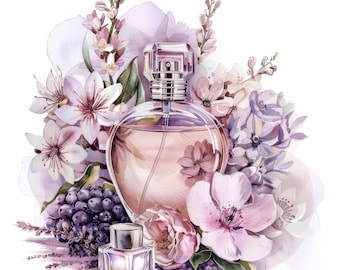 13 Floral Perfume Bottle Clipart Bundle Set, 15 High-Quality JPGs for Digital Paper Crafting, Planners, and Apparel, Watercolor Design