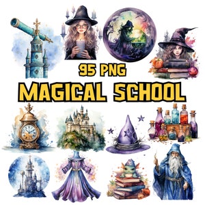 Paquete de imágenes prediseñadas de la escuela de magia de acuarela, conjunto de imágenes prediseñadas mágicas, gráficos PNG de imágenes de magos, ilustraciones de libros de hechizos, ilustración digital