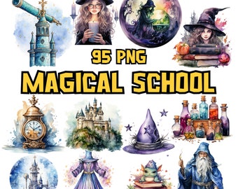 Aquarell Magie Schule Clipart Bundle, Magisches Clip Art Set, Zauberer Bilder PNG Grafiken, Zauberbuch Illustrationen, Digitale Illustration