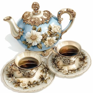 13 Elegant Tea Set Clipart Bundle, Ilustrações de Conjunto de Chá Floral, Gráficos de Aquarela para Impressão, JPG de Alta Qualidade, Artesanato em Papel, Diário de Lixo