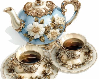 13 Elegant Tea Set Clipart Bundle, Floral Tea Set Illustrations, Printable Watercolor Graphics, High Quality JPG, Paper Craft, Junk Journal