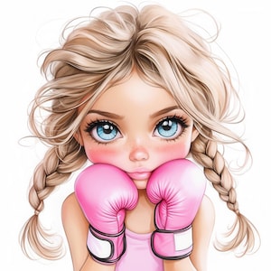 Paquete de 13 imágenes prediseñadas de una linda chica boxeadora, ilustración de una chica divertida y adorable, imágenes prediseñadas de acuarela imprimibles, JPG de alta calidad, manualidades de papel, revistas basura