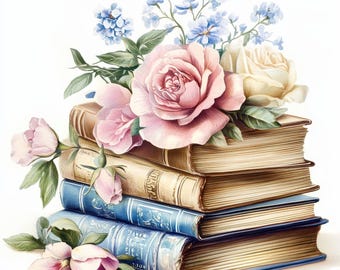 14 Books Pile Clipart Bundle, Floral Books clipart, Printable Watercolor clipart, High Quality JPGs, Digital download, Paper craft, journals