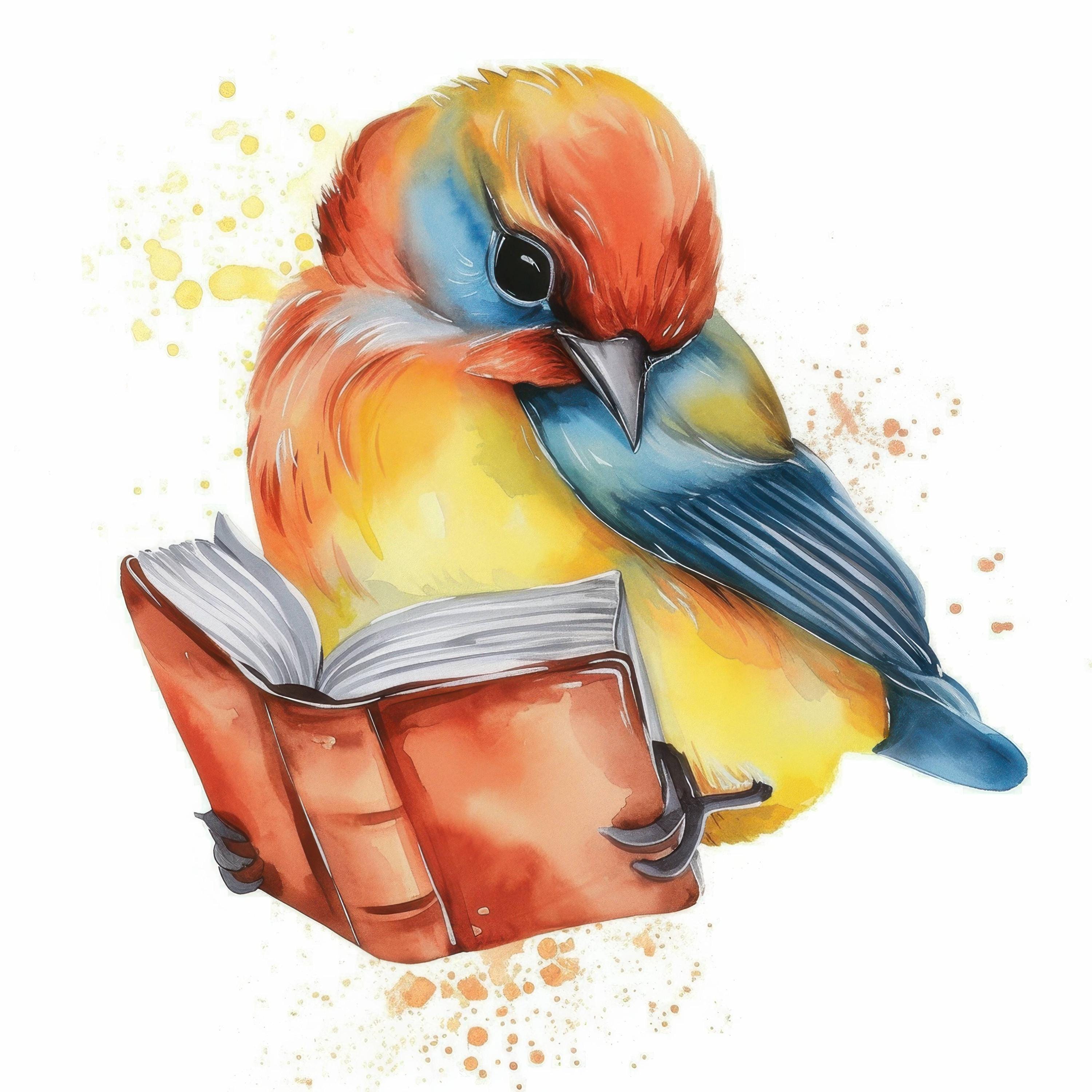 鳥の読書用イラスト12点セット、風変わりなイラスト、印刷可能な水彩画