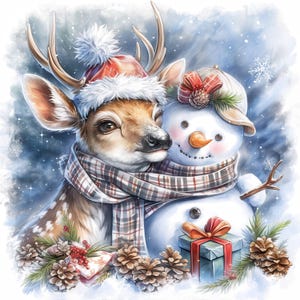Lot de 18 cliparts amusants bonhomme de neige et renne, illustration hivernale mignonne, carte, JPG haute qualité, clipart aquarelle imprimable, créations en papier