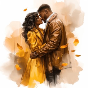 Ensemble de 16 cliparts automne couple noir, Illustrations d'un couple noir amour d'automne, Images de la Saint-Valentin, JPG de haute qualité, Carnets, Créations en papier