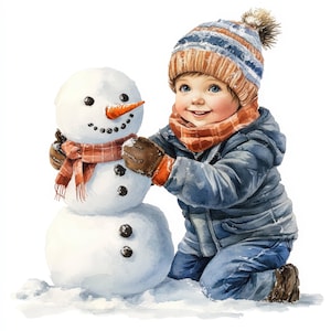 27 Kid and Snowman Clipart Bundle, Kid in Winter, Printable Watercolor clipart, High Quality JPG, Digital download, Paper craft,junk journal