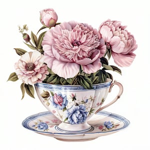 19 Blumen Teetasse Aquarell Clipart Bundle, Blumentee Clipart-Set, druckbare Clipart, hochwertige JPG-Bilder, Papiermodell, Junk Journals