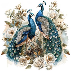 12 bloemen Peacock clipart, afdrukbare aquarel clipart, hoge kwaliteit jpg's, digitale download, Paper Craft, ongewenste tijdschriften, plakboekafbeeldingen