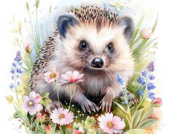 23 Floral Hedgehog Clipart, Printable Watercolor clipart, High Quality JPGs, Digital download, Paper craft, junk journals, digital planners