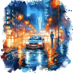 May include: Watercolor painting of a city street at night. A blue car is in the foreground, with a person walking away from the car. The street is wet, reflecting the lights of the city. Buildings and streetlights are visible in the background.