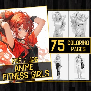 Anime Fitness Girls Adult Coloring Book 75 Sportive Woman Coloring Pages,Grayscale Anime Manga Coloring,Instant Download,Printable PDF & JPG