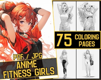 May include: A digital colouring book featuring 75 pages of anime fitness girls. The cover features a red-haired anime girl with a red and black outfit. The text on the cover reads "PDF / JPG Anime Fitness Girls".