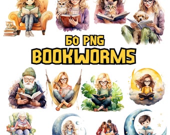 Watercolor Bookworms Clipart | Painted Bookworm Clipart | Bookworm, Book Illustrations, 60 PNG Graphics, Instant Download for Commercial Use