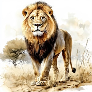 16 Lion in Nature Clipart Bundle, clipart de aquarela para impressão, JPGs de alta qualidade, download digital, artesanato em papel, sublimação de leão, diário
