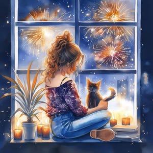 Bundle de 19 images de feu d'artifice vue sur la fenêtre, illustration de célébration, clipart aquarelle imprimable, JPG de haute qualité, créations en papier, journal indésirable