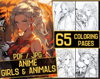 May include: A digital coloring book featuring 65 pages of anime girls and animals. The cover features a girl with white hair and red clothing, standing next to a tiger. The text on the cover reads "PDF / JPG Anime Girls & Animals".