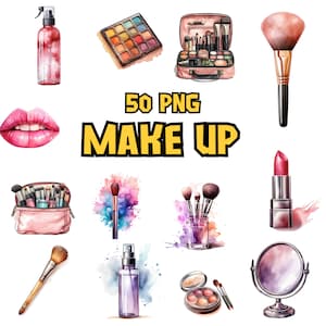 Clipart sur le thème du maquillage aquarelle | Illustrations colorées de produits cosmétiques, rouge à lèvres, bouche, vaporisateur, trousse de maquillage, téléchargement immédiat pour usage commercial