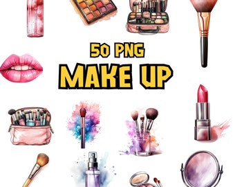 Watercolor Makeup Themed Clipart | Colorful Cosmetics Illustrations, Lipstick, Mouth, Spray, Makeup Bag, Instant Download for Commercial Use