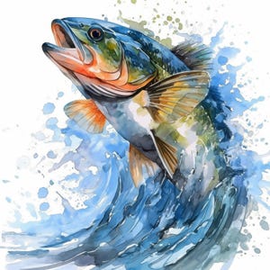 14 Fish Hunting Clipart Bundle, Jumping Fish Print Illustrations, Printable Watercolor Clipart, High Quality JPG, Paper craft, Junk Journals