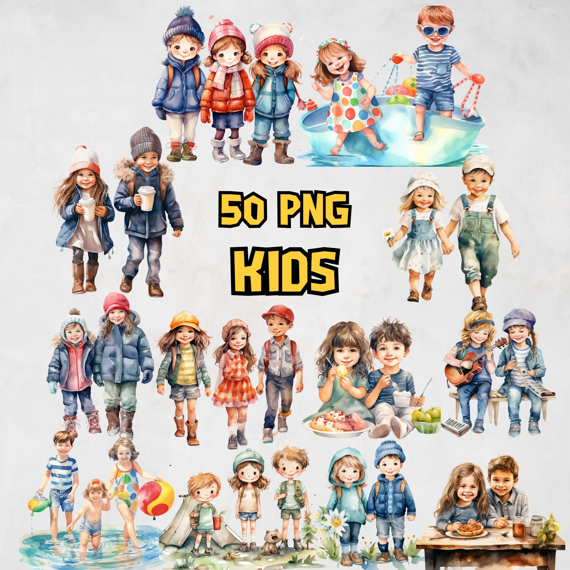 Watercolor Kids Clipart Bundle, Painted Boys and Girls Clipart Set, Happy Kids Illustrations, Smiling Ciblings Twins Images, Commercial Use