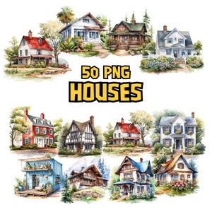 Watercolor House Clipart | Cozy, Spacious, Quaint, Modern House Illustrations | 50 Separate PNG Image | Instant Download for Commercial Use