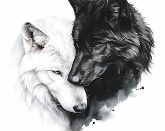 Paquete de 12 imágenes prediseñadas de lobos en dúo, ilustración de lobos en blanco y negro, imágenes prediseñadas de acuarela imprimibles, JPG de alta calidad, manualidades en papel, uso comercial.