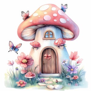 Lot de 18 cliparts champignons, illustrations imprimables d'images de maison de fée fantastique à l'aquarelle, JPG de haute qualité, journal indésirable, créations en papier