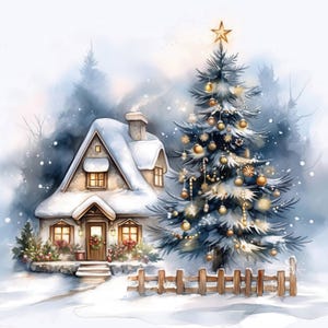 Lot de 10 cliparts chalet d'hiver, illustrations de maisons enneigées, clipart aquarelle imprimable, JPG haute qualité, créations en papier, journaux indésirables