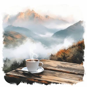 May include: A watercolor painting of a white coffee cup and saucer with steam rising from the coffee. A dark spoon rests on the wooden table. The background features a mountain range shrouded in mist.