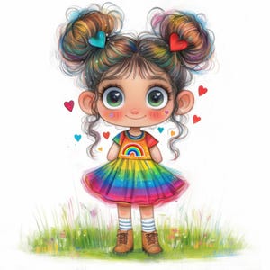 12 Quirky Rainbow Girls Clipart Bundle, Illustrazioni stravaganti, Clipart acquerello stampabili, JPG di alta qualità, Carta artigianale, Diari spazzatura
