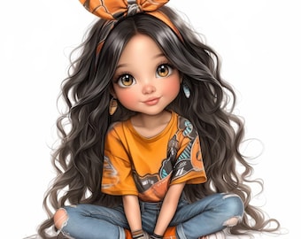 Paquete de 13 imágenes prediseñadas de chicas morenas adorables, ilustraciones divertidas de chicas, imágenes prediseñadas de acuarela imprimibles, JPG de alta calidad, manualidades de papel, revistas basura