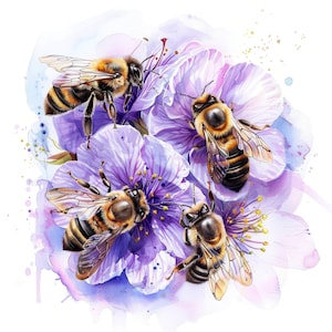 11 Bees in Flowers Clipart Bundle, Floral Bees Clipart, Printable Watercolor clipart, High Quality JPG,Commercial Use, Paper craft, journal