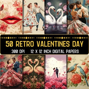 Druckbares digitales Retro-Valentinstagpapier, romantisches Valentine Ephemera, Vintage Seiten mit Blumenmuster, Junk Journal, Scrapbooking, Kartenherstellung