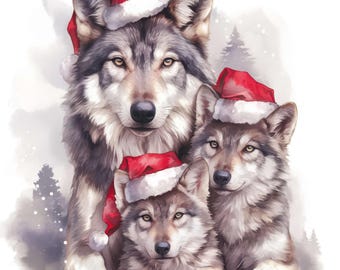 15 Wolf Family Christmas Clipart Set, Printable Watercolor Wolves Clipart, High Quality JPGs, Digital Download, Commercial Use, Junk Journal