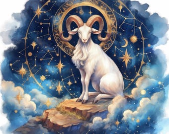 May include: Watercolor illustration of the Aries zodiac sign. A white ram with large curved horns sits atop a rocky surface, surrounded by clouds and a starry night sky. A gold zodiac wheel and constellations are in the background.