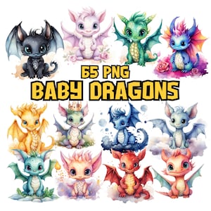 Watercolor Baby Dragons Clipart Bundle | Dragon Images, Adorable Dragon Illustrations | 65 PNG Graphic | Instant Download for Commercial Use