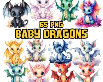 Watercolor Baby Dragons Clipart Bundle | Dragon Images, Adorable Dragon Illustrations | 65 PNG Graphic | Instant Download for Commercial Use
