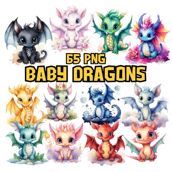Watercolor Baby Dragons Clipart Bundle | Dragon Images, Adorable Dragon Illustrations | 65 PNG Graphic | Instant Download for Commercial Use